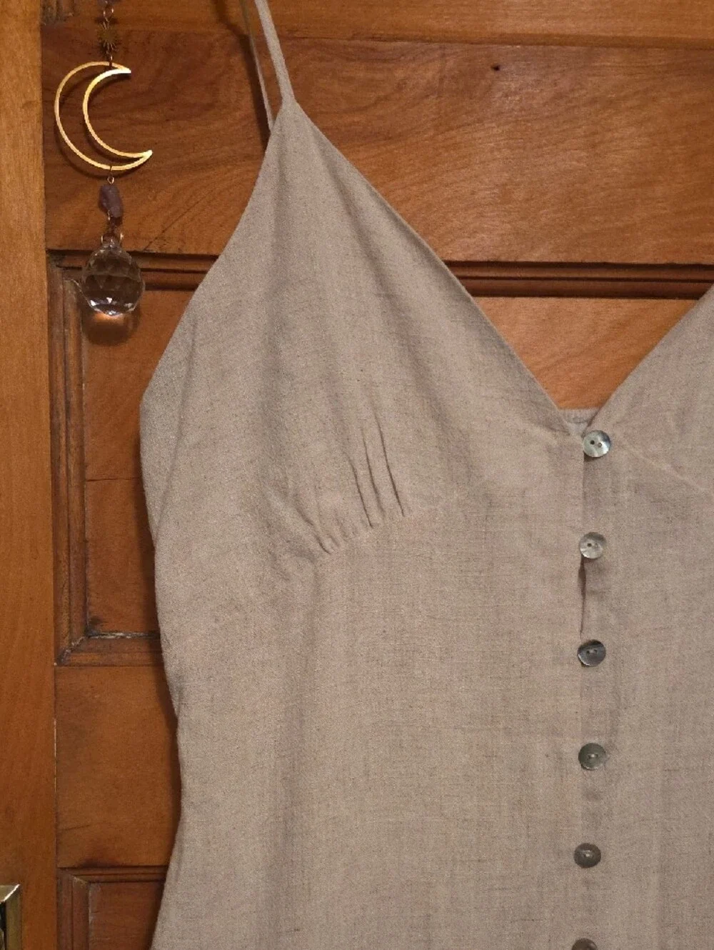 Natural Linen-Blend Button-Front Maxi Dress With 100% Cotton Slip
